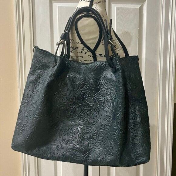 STELLA BIANCA SATCHEL CROSSBODY BAG MADE IN ITALY TOOLED EMBOSSED BLACK LEATHER - Picture 10 of 13